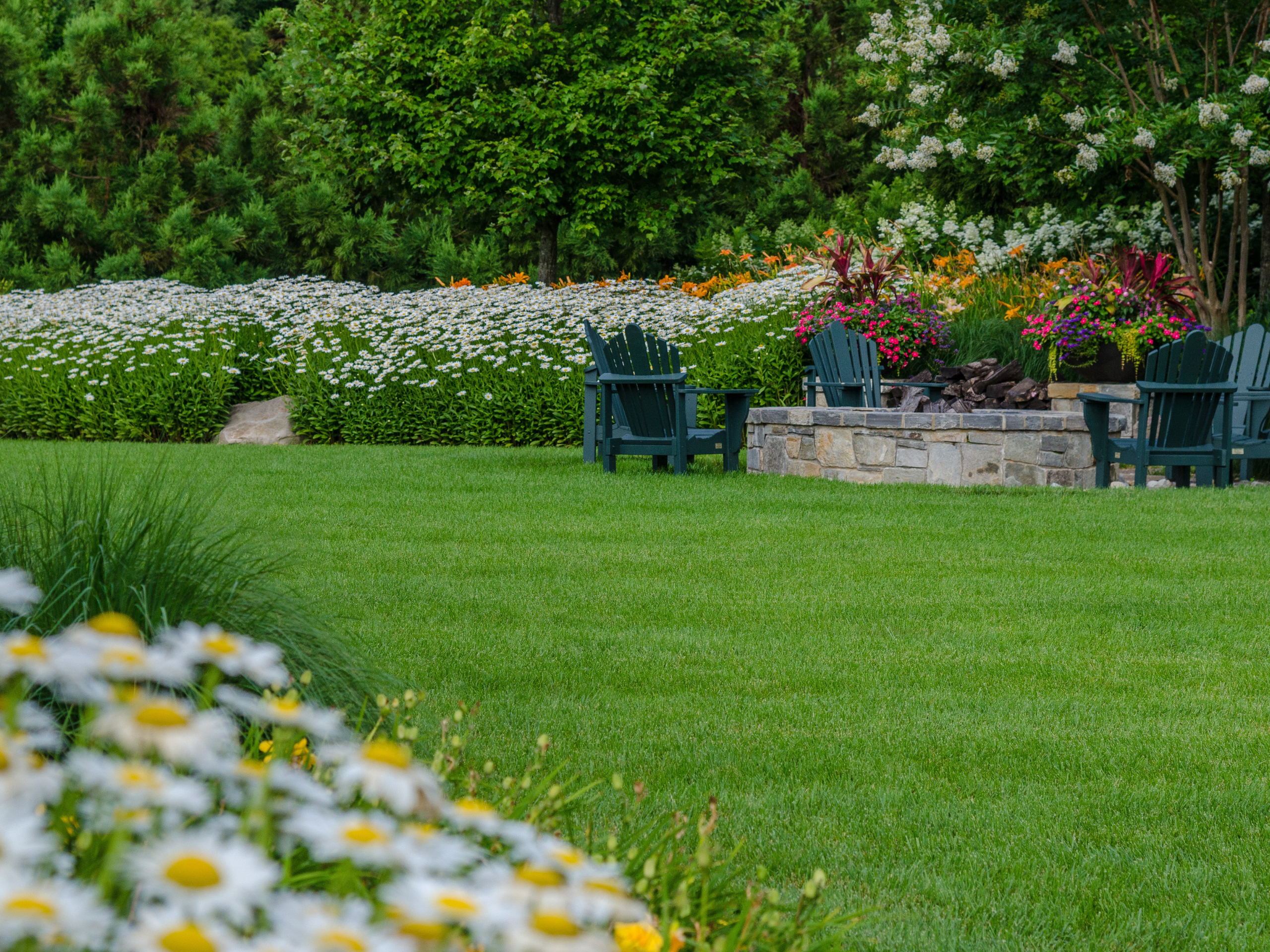 Lush garden lawn with stone fire pit, Adirondack chairs, and perennial flower borders designed by McHale Landscape Design